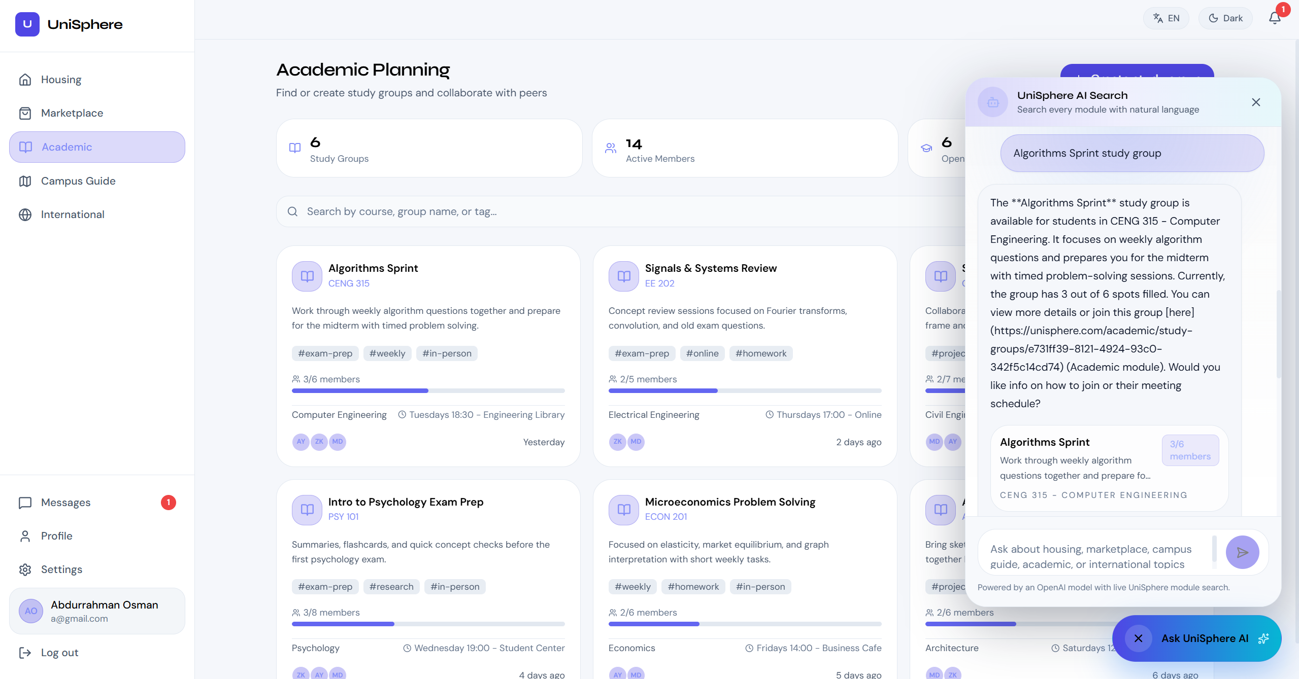 UniSphere academic planning screen with AI search panel