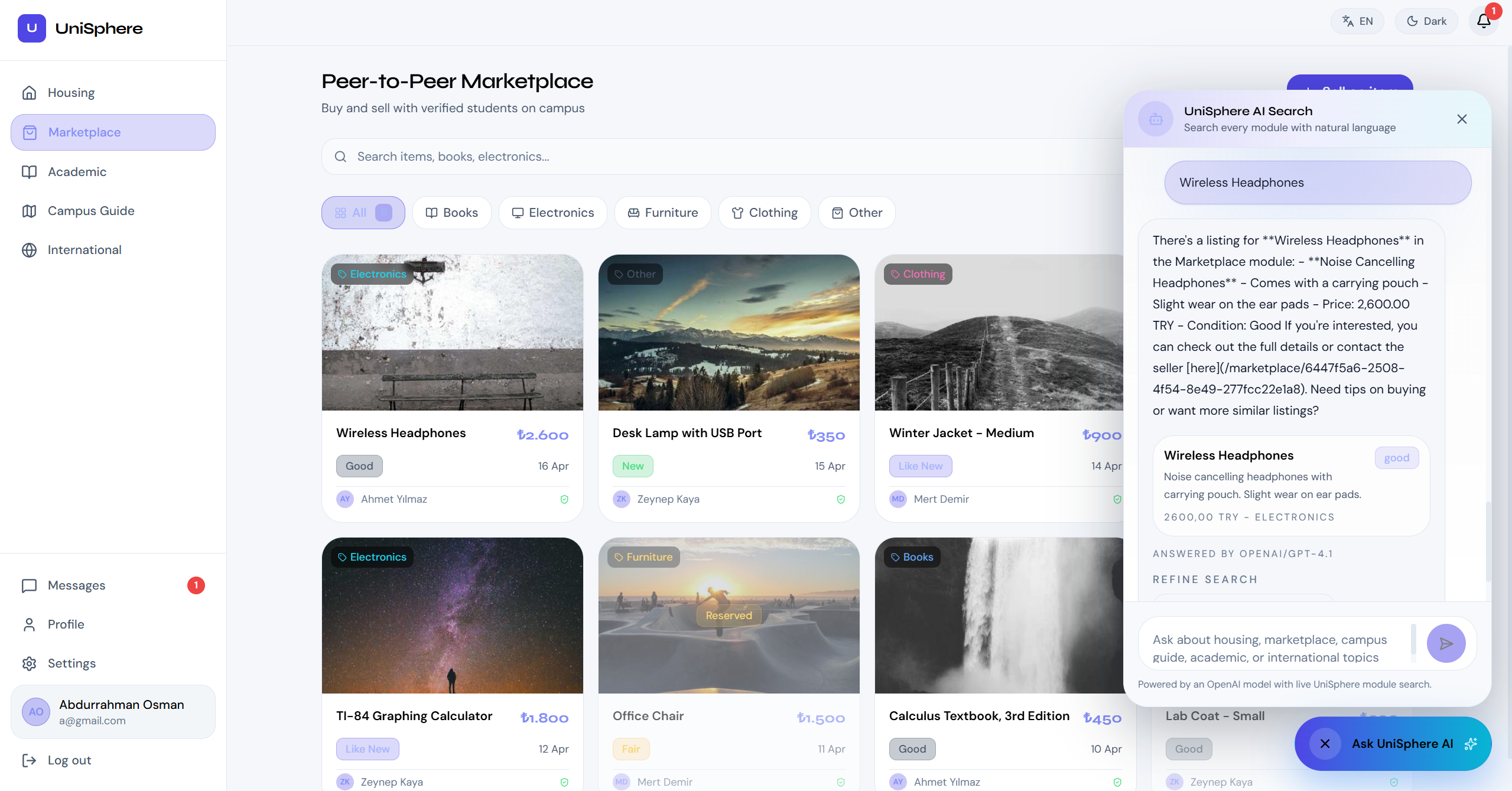 UniSphere AI assistant housing search result
