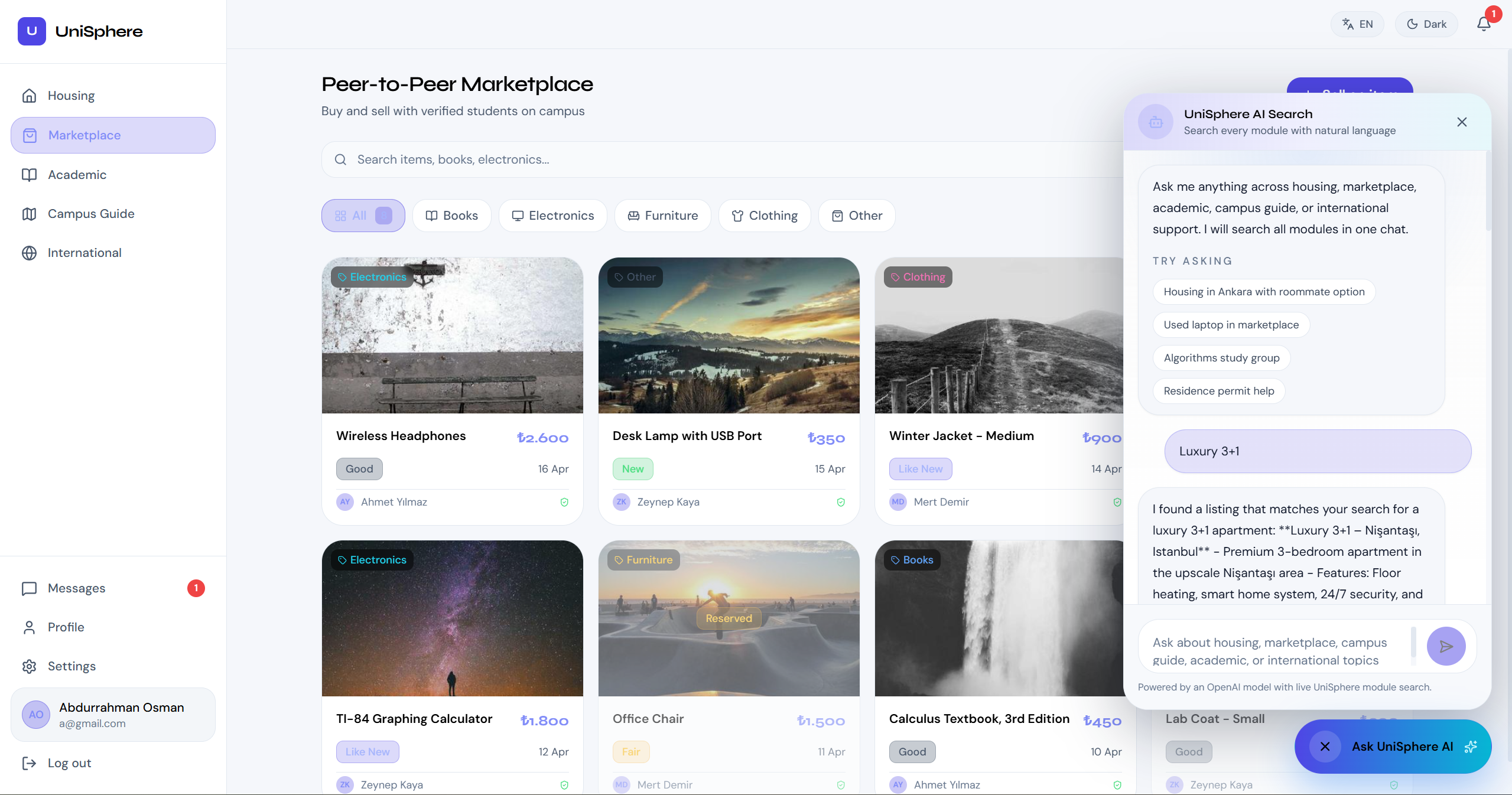 UniSphere AI assistant module search result