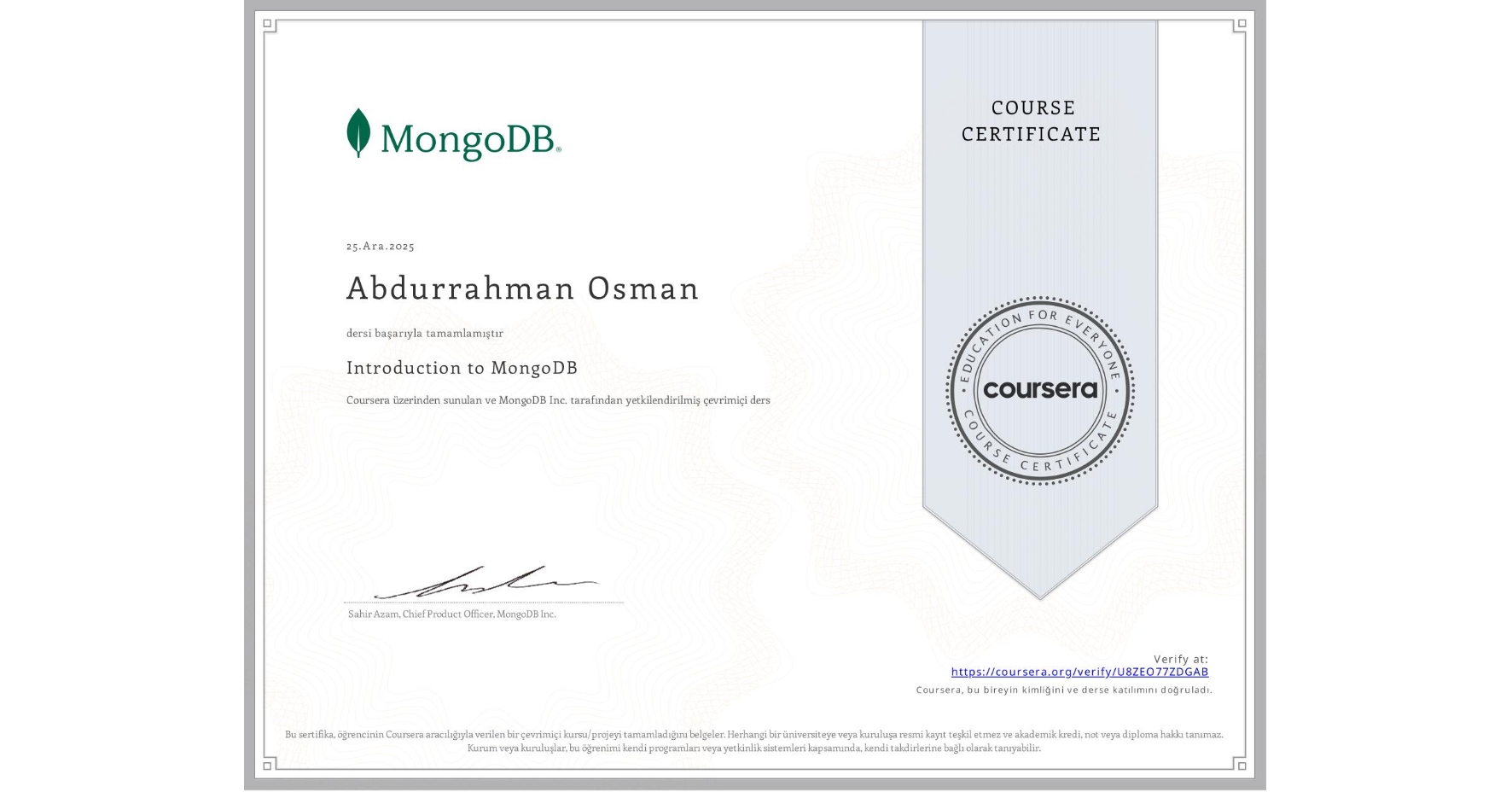Certificate for Introduction to MongoDB