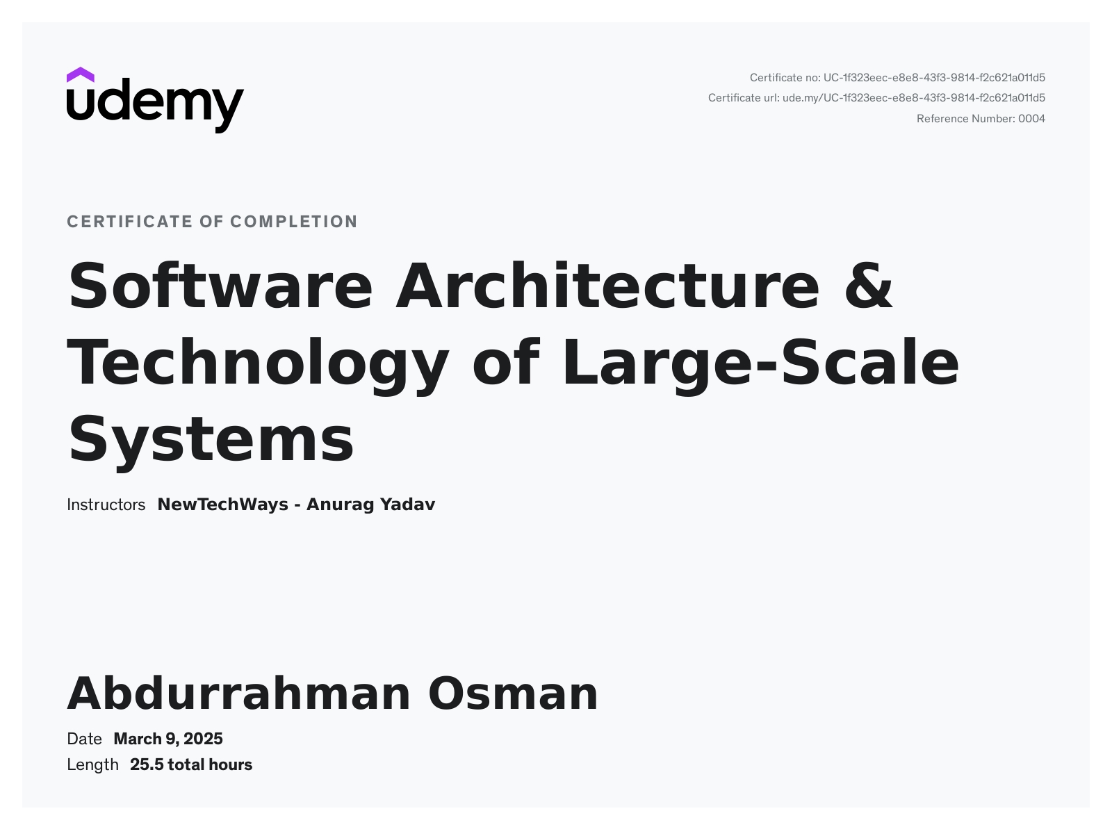 Certificate for Software Architecture and Technology of Large-Scale Systems