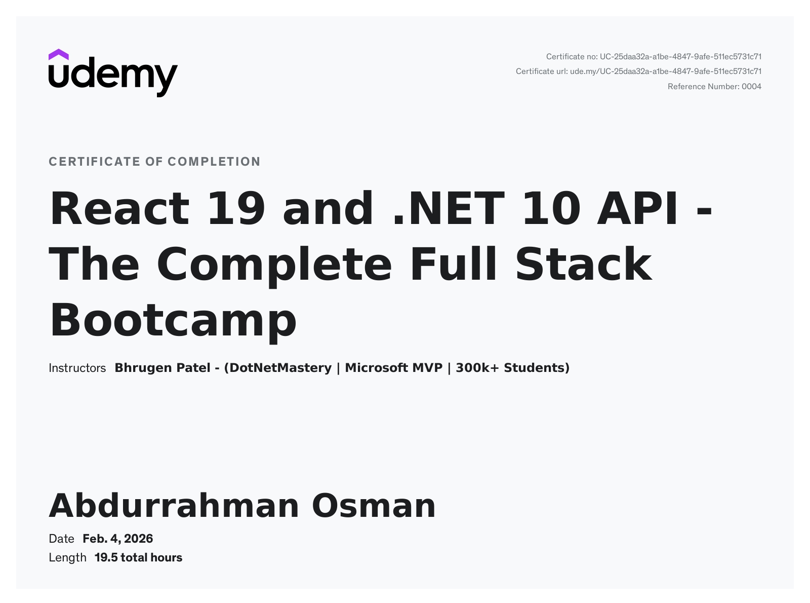 Certificate for React 19 and .NET 10 API — Full Stack Bootcamp