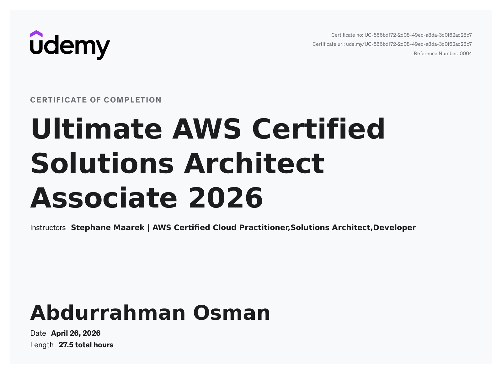 Certificate for AWS Certified Solutions Architect — Associate preparation