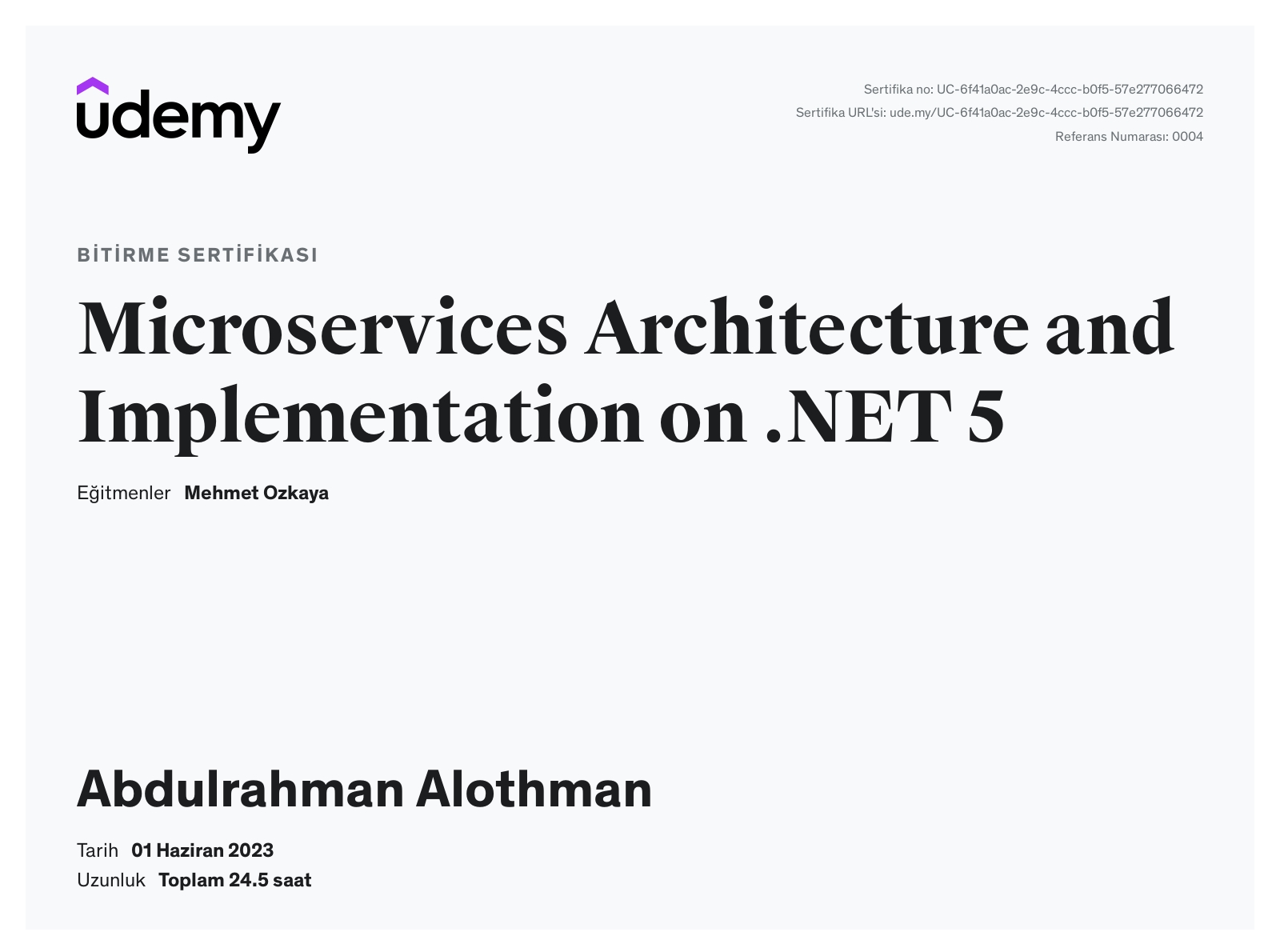 Certificate for Microservices Architecture and Implementation on .NET