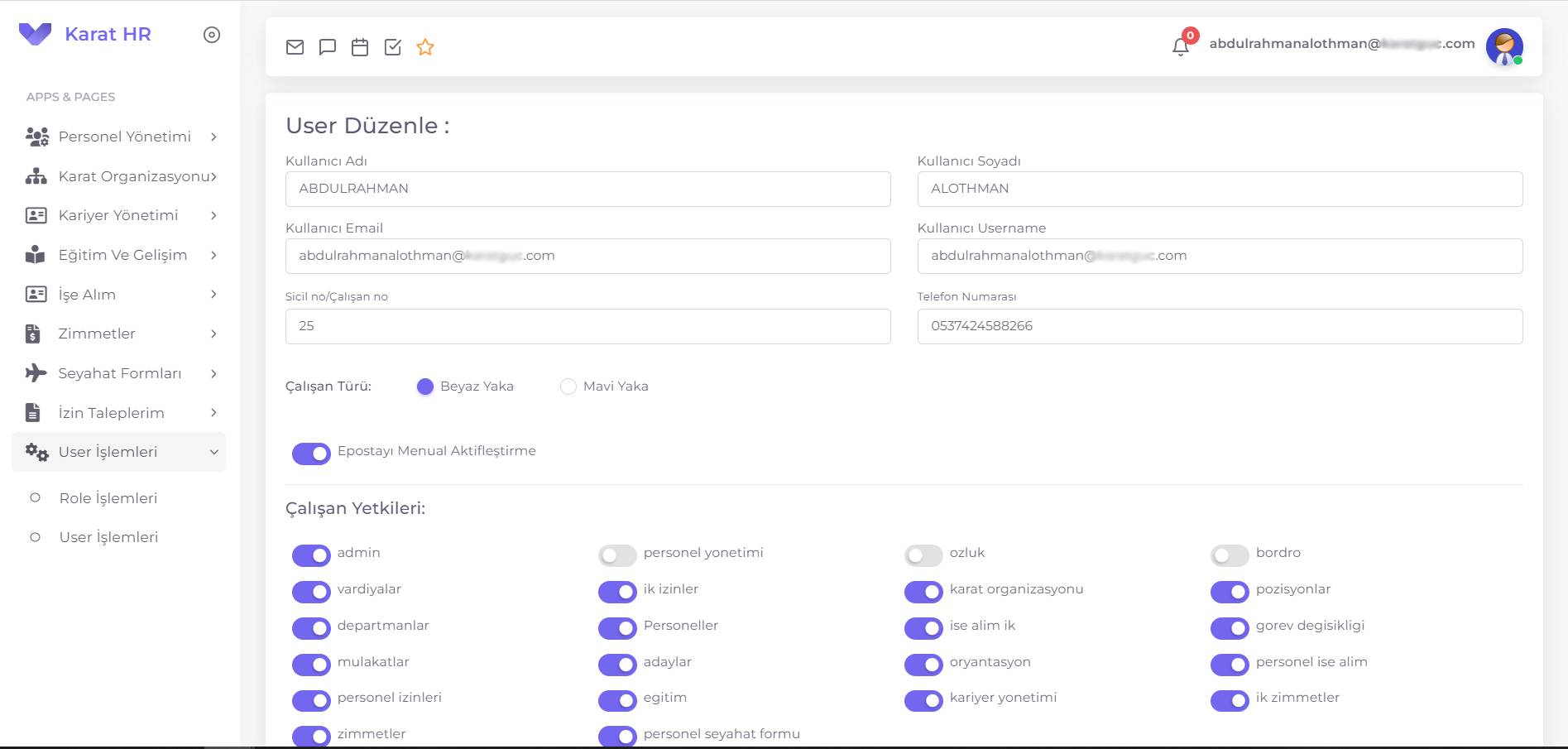 Karat HR user edit and permission management screen