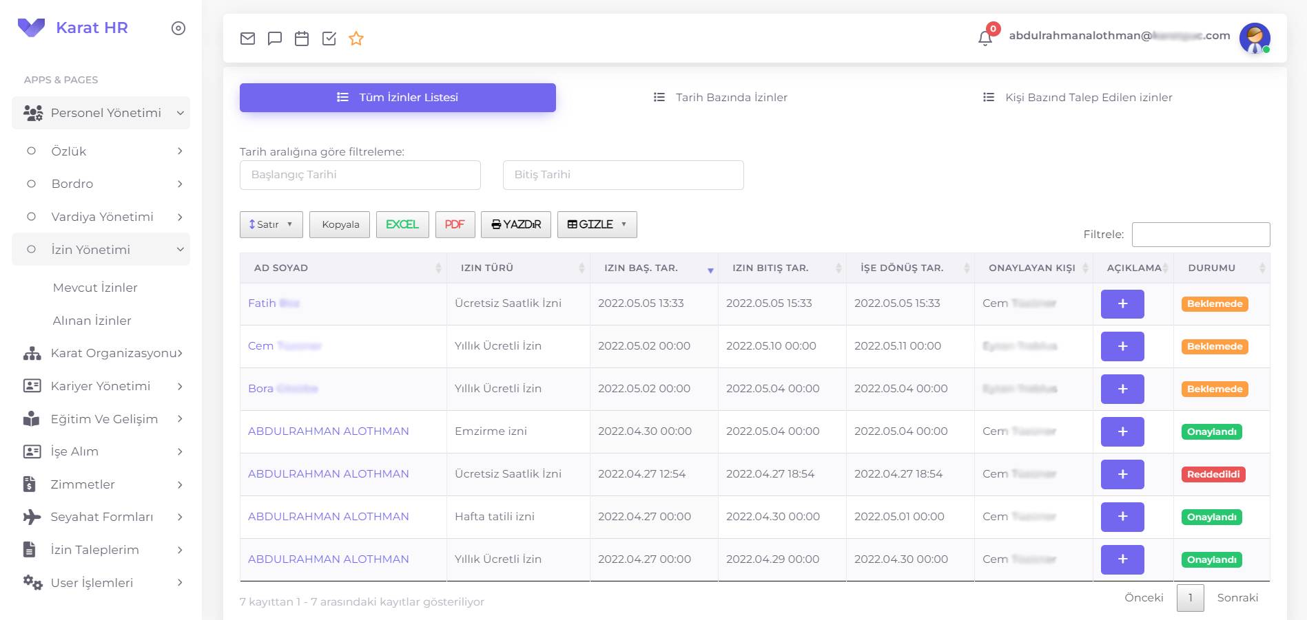 Karat HR leave management list with approval statuses