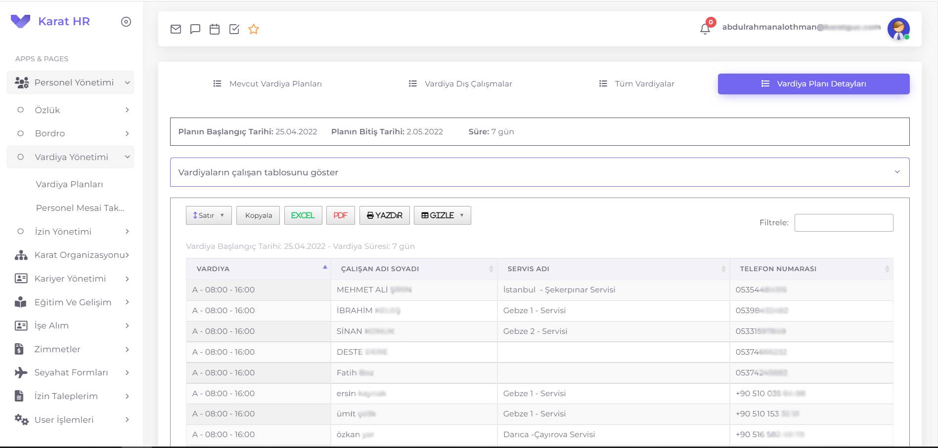 Karat HR shift plan details and employee table