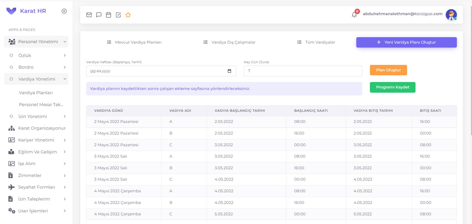 Karat HR shift planning schedule creation screen