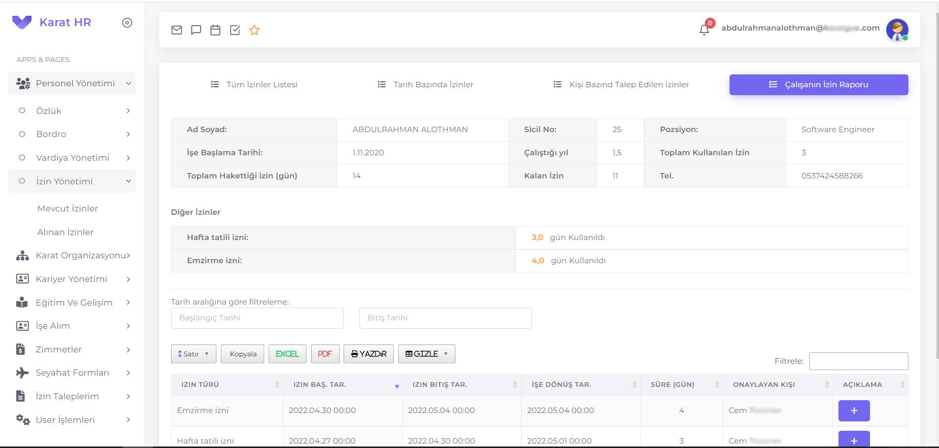 Karat HR employee leave report screen